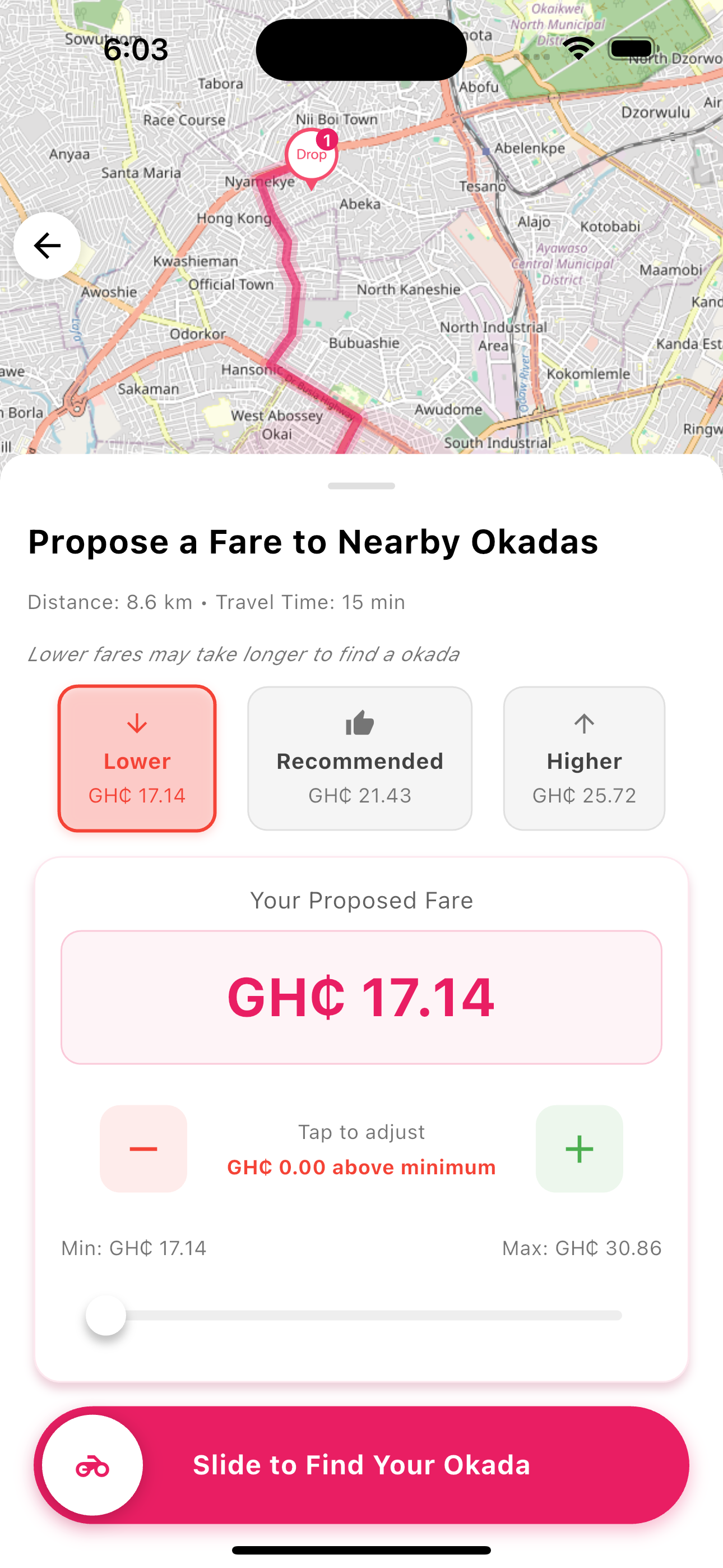 GoFastTrack mobile app interface showing negotiation-based okada delivery platform for Ghana with fare bidding system running on iPhone 16 Plus